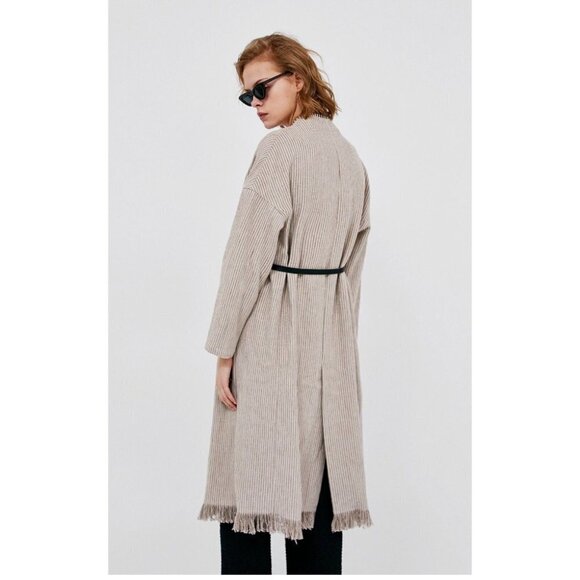 Zara Linen Striped Belted Whipstitch Simple Minimalist Coat NO BELT S - Picture 2 of 7